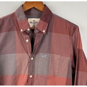 HOLLISTER Men's M Vintage Plaid Long-Sleeve Button-Up Rust Color-Block Shirt
